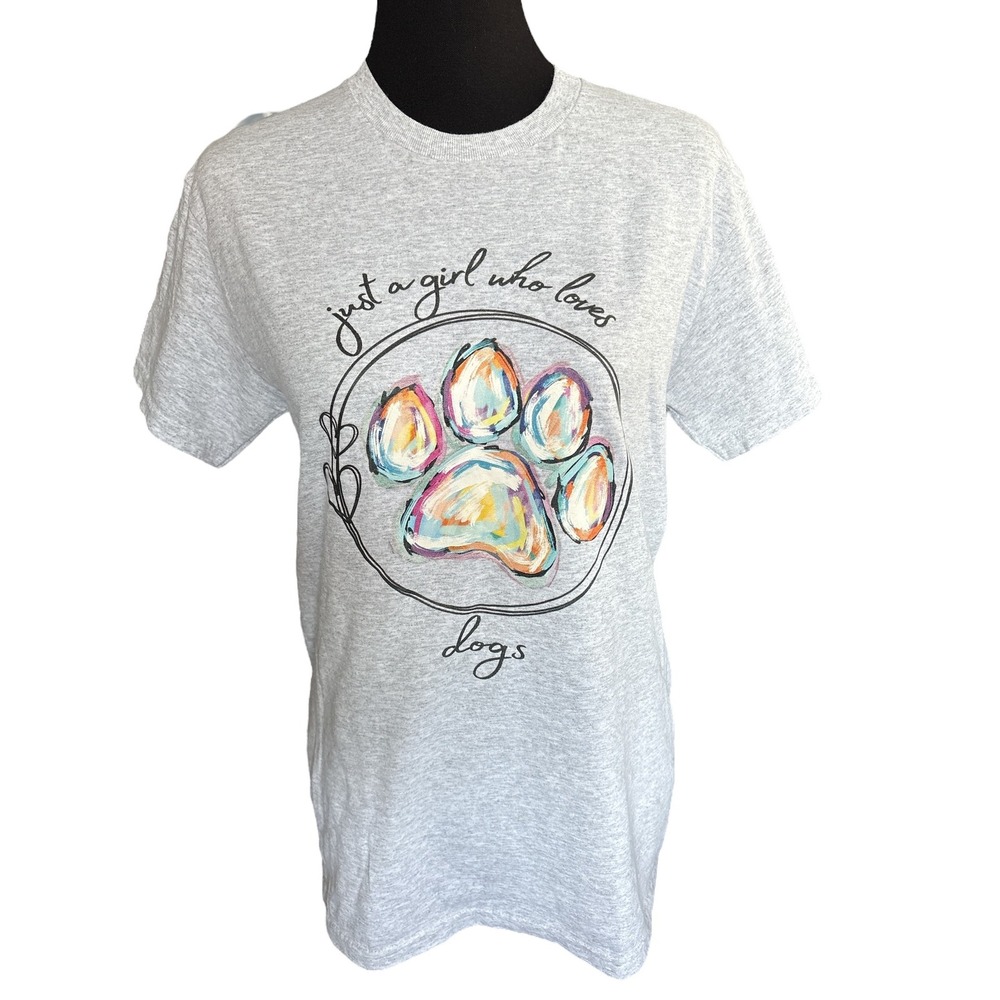 "Just A Girl Who Loves Dogs" Gray T-shirt With Watercolor Pawprint, Size Small